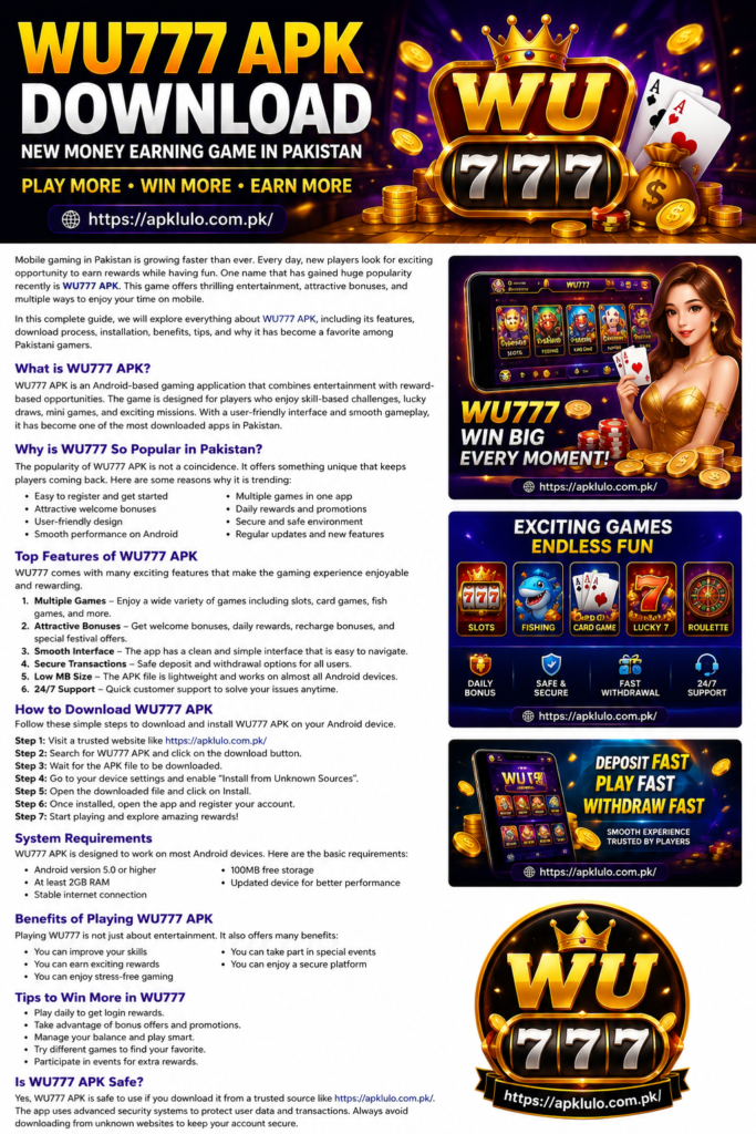 Wu777 Game APK main dashboard showing featured mini games and mobile wallet integration