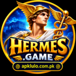 Hermes.game APK logo with golden Greek Hermes theme and APKLULO.COM.PK branding.