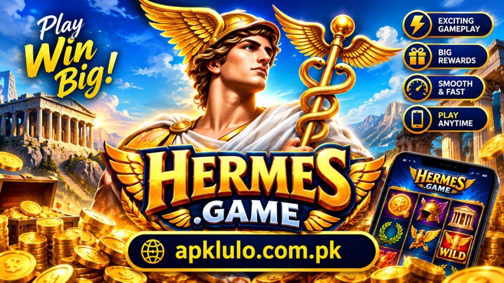 Hermes.game APK feature image showcasing Greek mythology-inspired gameplay, rewards, and APKLULO.COM.PK.