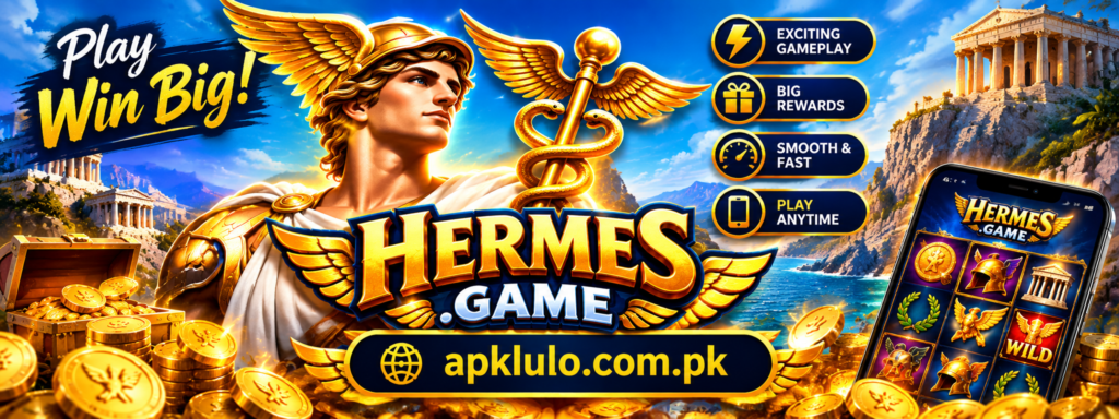 Hermes.game APK promotional banner featuring Hermes-inspired graphics, exciting gameplay, and APKLULO.COM.PK download source.