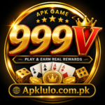 999V APK Game logo with gold premium design, casino theme, and Apklulo.com.pk branding for Pakistan Android users