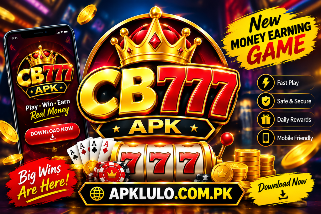 CB777 APK feature image showing money earning game, download button, premium logo, and APKLULO.COM.PK website