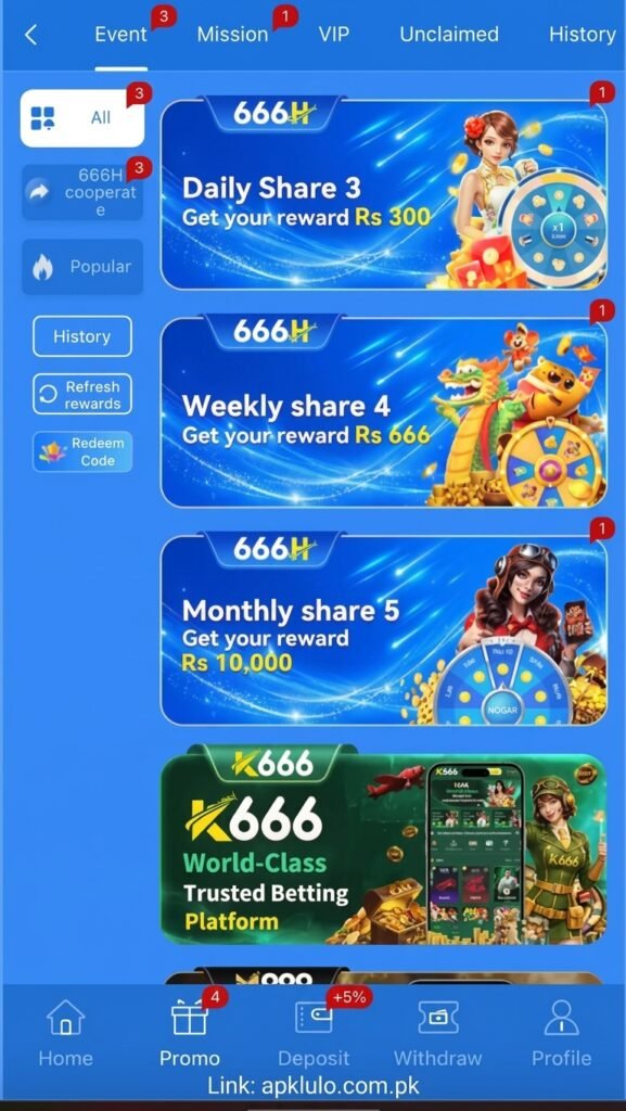 666H Game mobile app Events and Missions interface showing daily, weekly, and monthly PKR cash rewards with apklulo.com.pk website link.