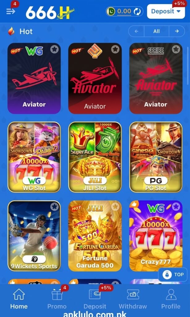 666H Game APK app icon featuring blue background, yellow H logo with an airplane graphic, and apklulo.com.pk domain text at the bottom.
